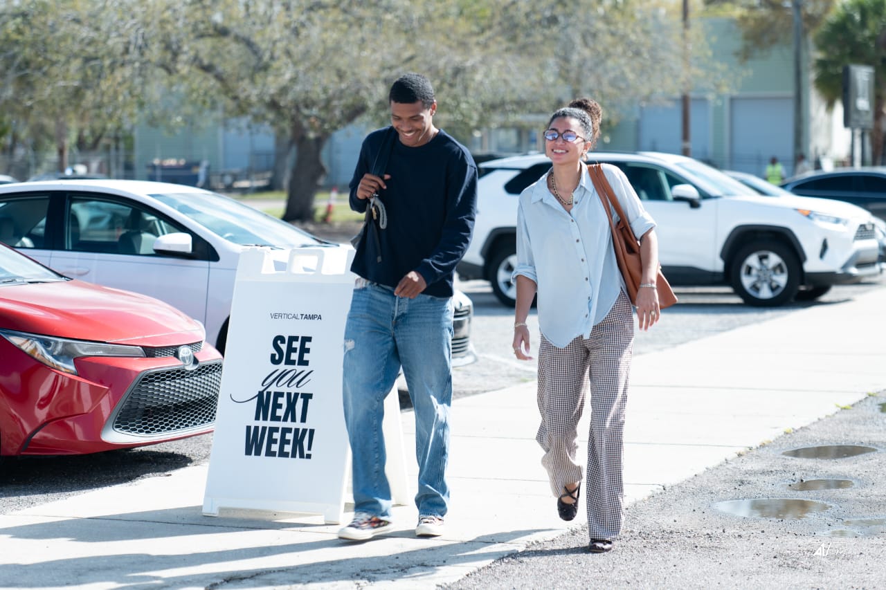 Guests arriving for a Sunday service at Vertical Tampa
